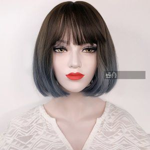 Dark Brown Ash Blue Gray Ombre Wavy Wig with Bangs 12" | Gift For Her |G…